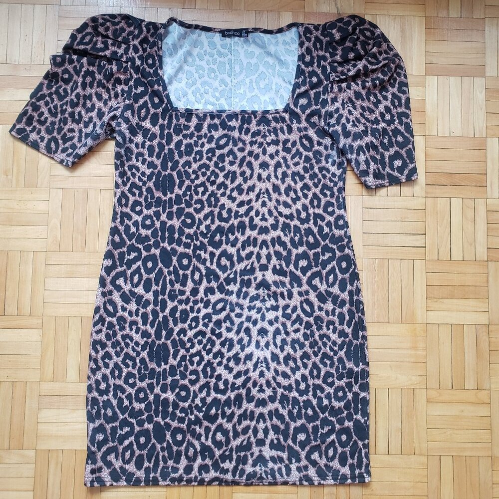 Boohoo Leopard Print Bodycon Mini dress with Puff Sleeve size 12 - Picture 2 of 8